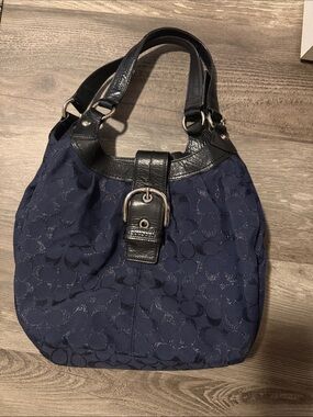 Coach Navy Signature Tote with Black Leather Trim and Buckle